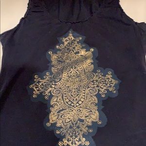 Blue tank top with gold emblem